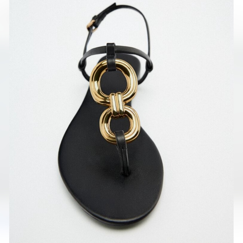Zara * Gold Detail Leather Low Heeled Open Toe Flat Sandals Black Size 8 / 39 - Picture 1 of 6
